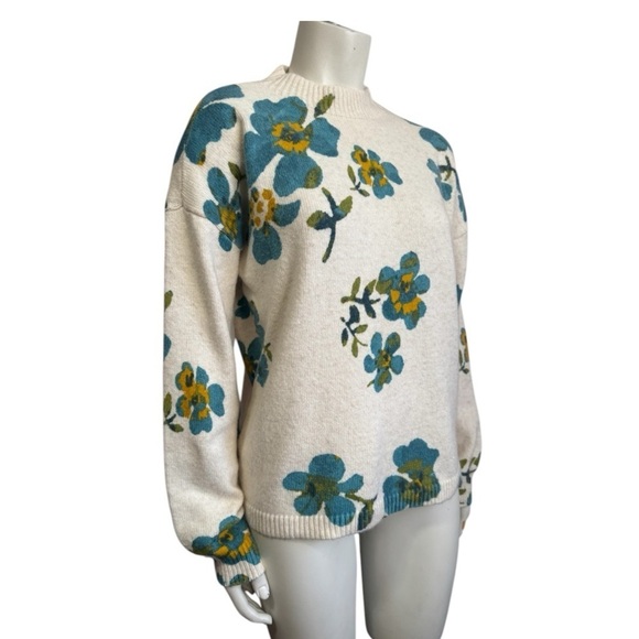 LOFT floral ivory teal cotton blend mock neck pullover sweater women's small - Picture 8 of 16